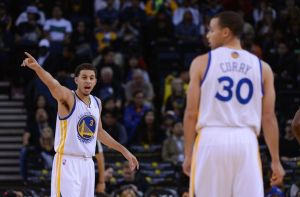 October 24, 2013; Oakland, CA, USA; Golden State Warriors shooting guard Seth Curry (3) signals as point guard Stephen Curry (30) looks on during the fourth quarter against the Portland Trail Blazers at Oracle Arena. The Trail Blazers defeated the Warriors 90-74. Mandatory Credit: Kyle Terada-USA TODAY Sports
